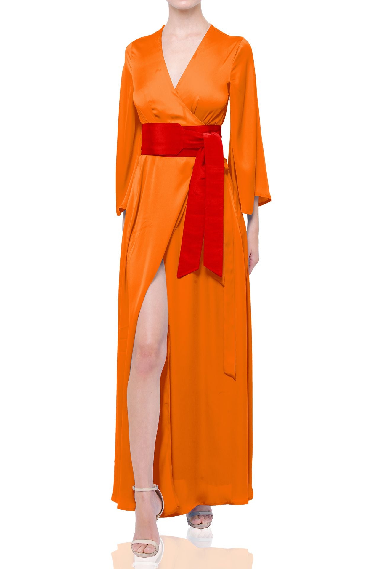 Full Sleeve Designer Maxi Wrap Dress in Orange Tiger