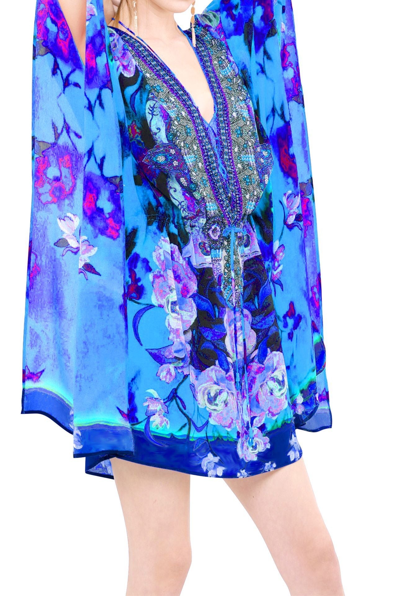 Floral Print Short Kaftan Blue Tunic Dress