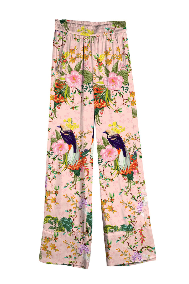 airy straight fit, colorful garden trousers, stylish floral legwear, modern bloom pants, shahida-kyle-richards, elegant satin style