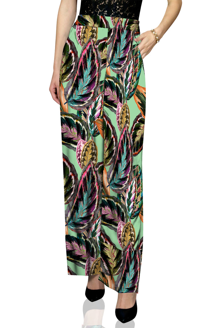 oversized print pants, botanical leaf trousers, fashion wide leg, bold pattern pant, stylish women bottom