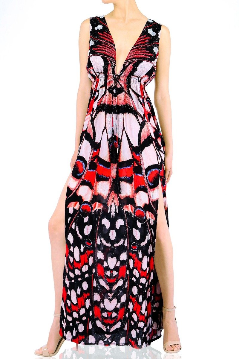 butterfly-print-red-maxi-dress-plunging-neck-designer-dress-shahida-parides
