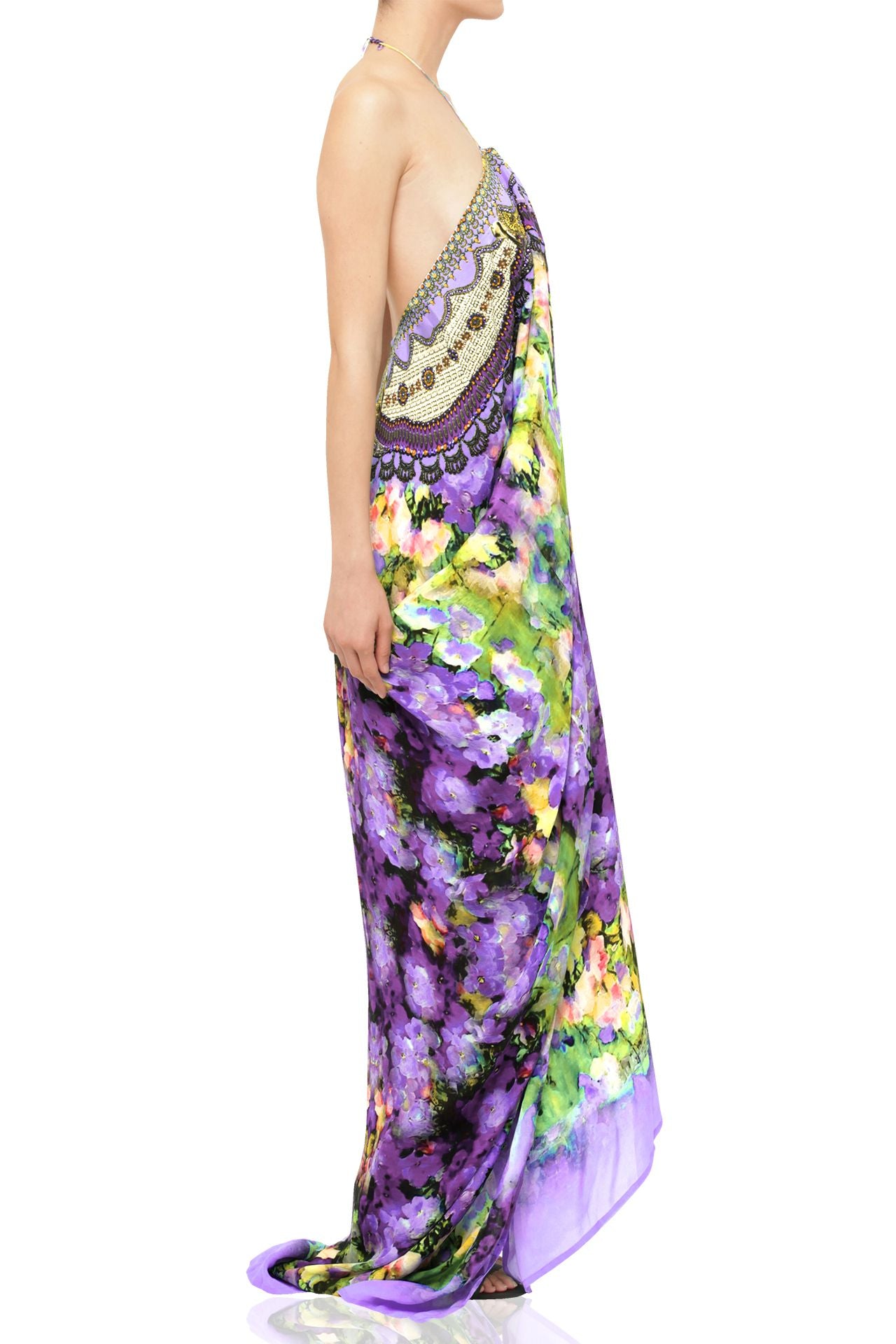 Multiway to Wear Print Long Kaftan in Floral Print Purple