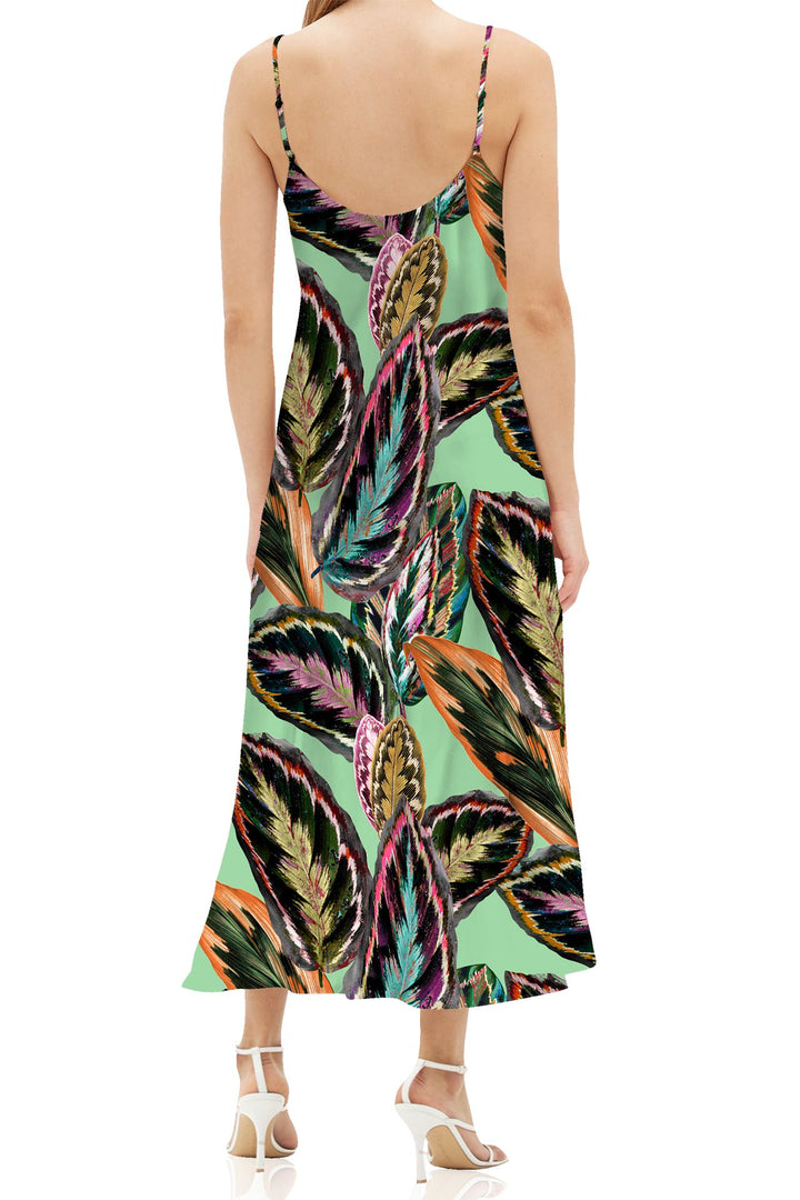 designer Shahida dress, Kyle Richards collection, vegan silk camisole, green leaf print, cupro cami dress, midi slip gown