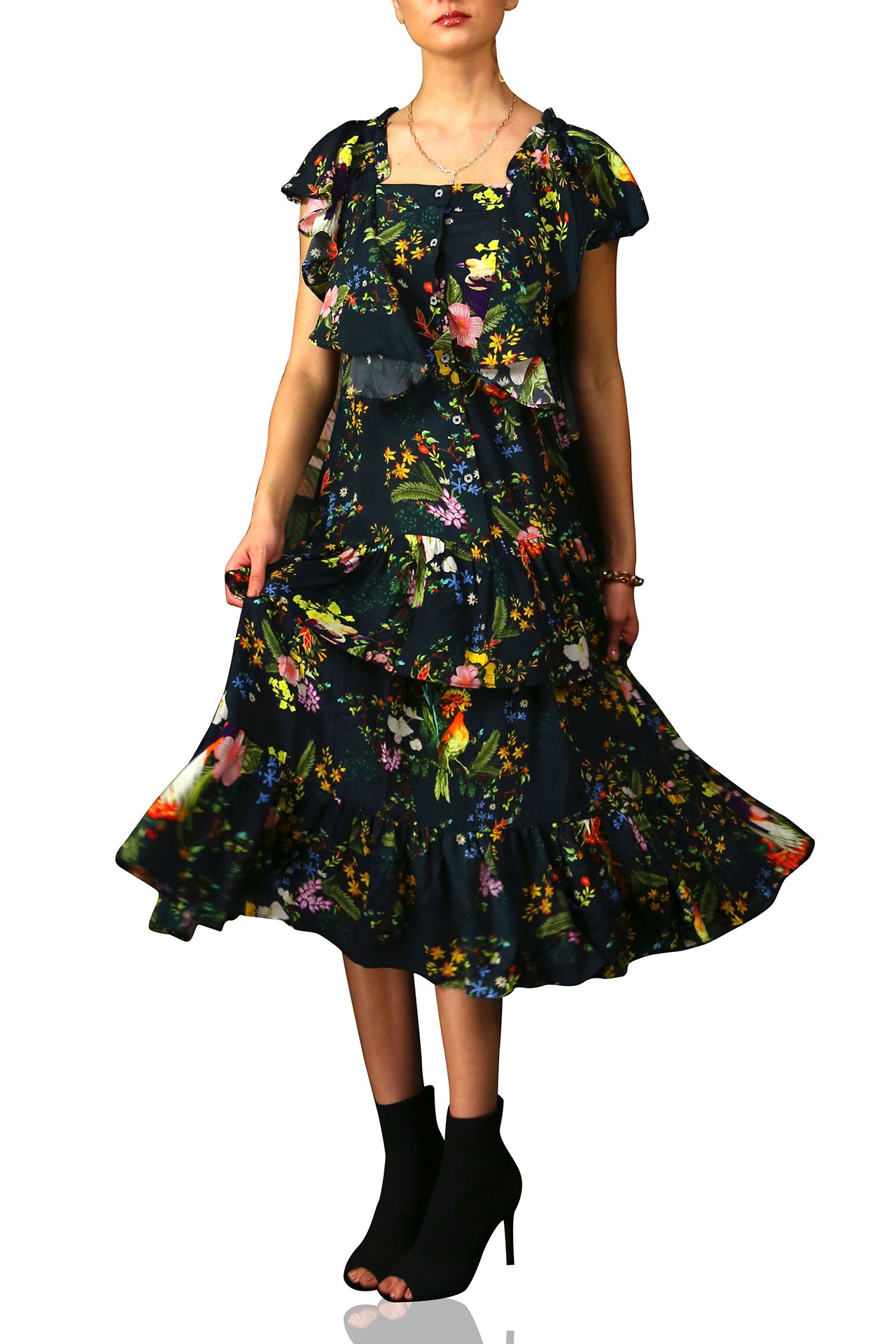 Ruffle Dress Midi in Flower Print
