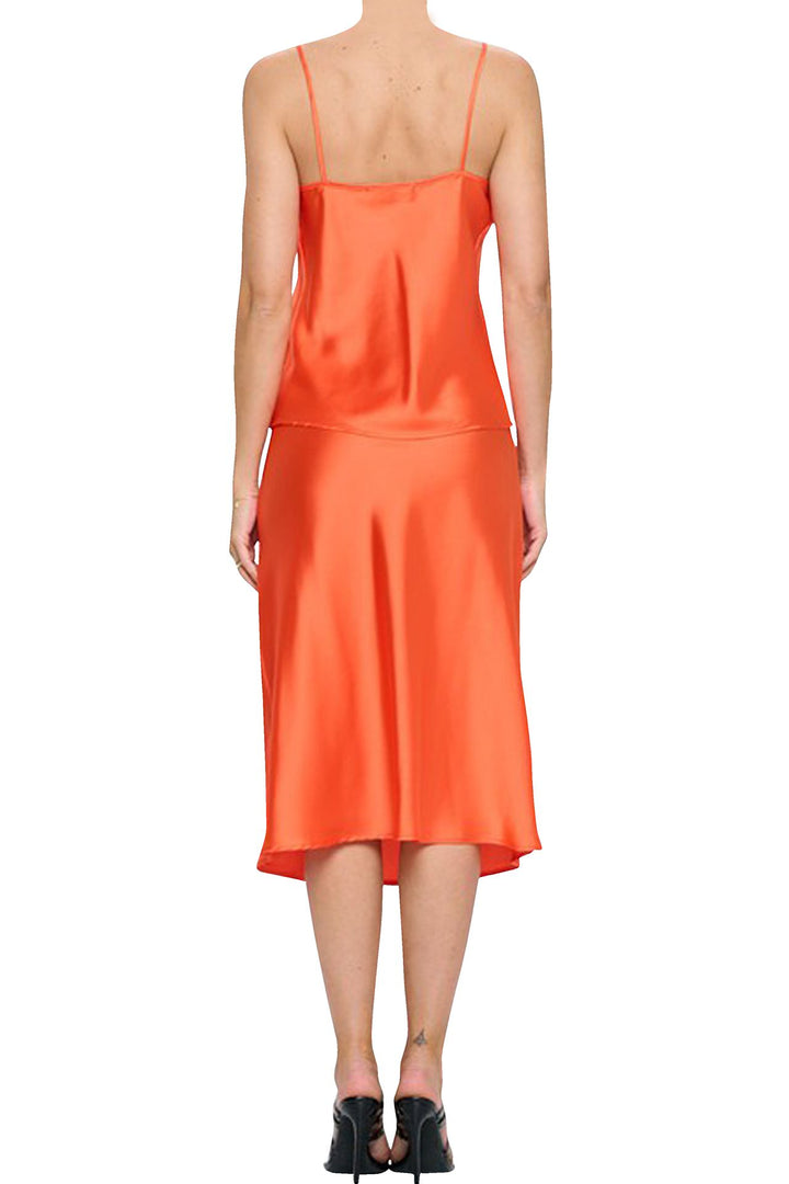 designer cami dress, orange midi dress, satin slip dress, luxury womenswear, shahida fashion