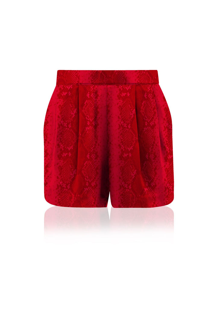 shahida-kyle-richards, vegan silk, blood stone shorts, luxury red wear, cupro fabric, eco fashion, resort outfit