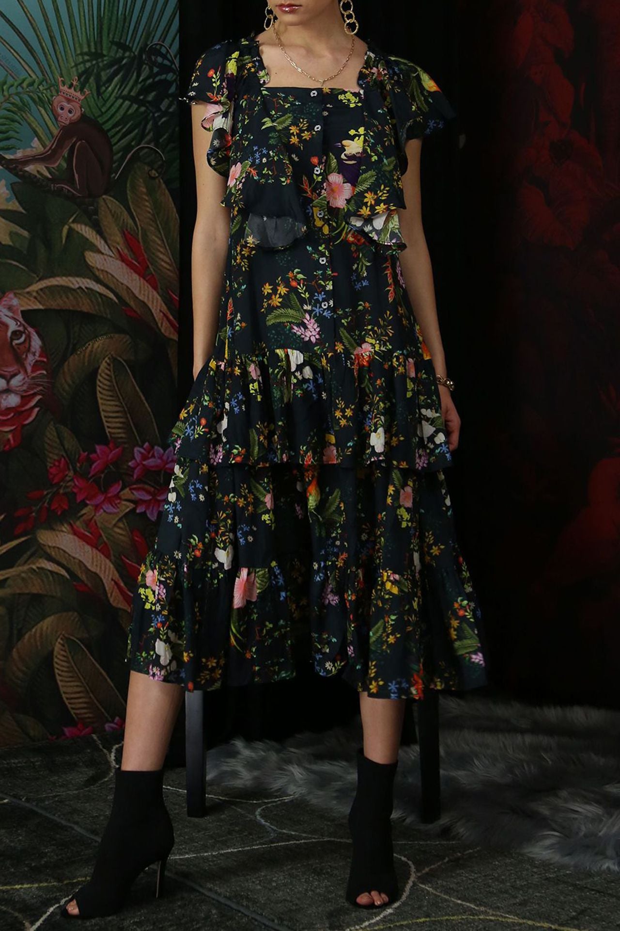Ruffle Dress Midi in Flower Print