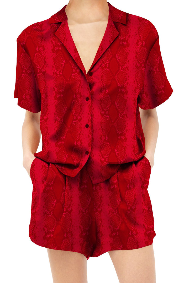 shahida-kyle-richards, cupro vegan silk, bold red shorts, solid blood stone, eco-friendly wear, luxury resort chic, modern red outfit