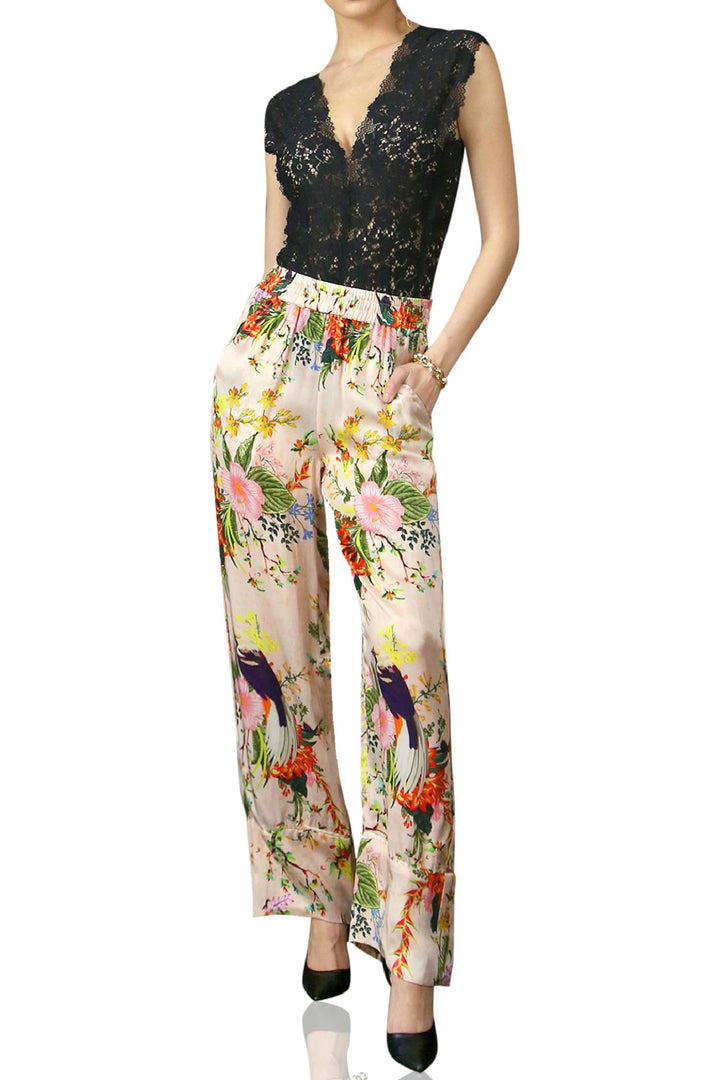 botanical satin pants, elegant floral legs, intricate print trousers, soft draped fabric, wide leg chic
