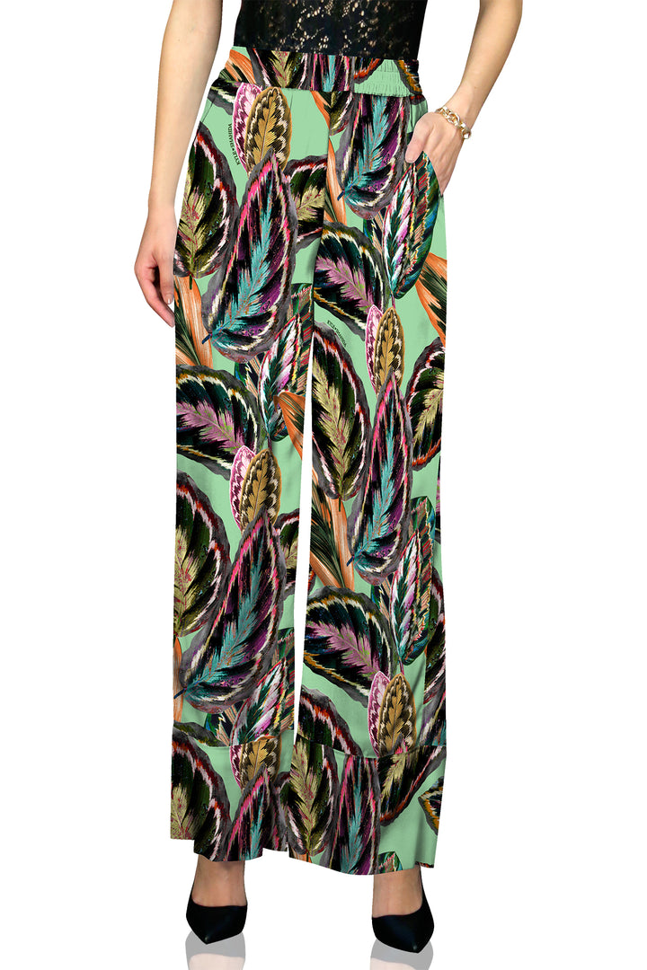 fashion print pants, leaf motif trousers, forward style pant, botanical wide leg, chic designer pants