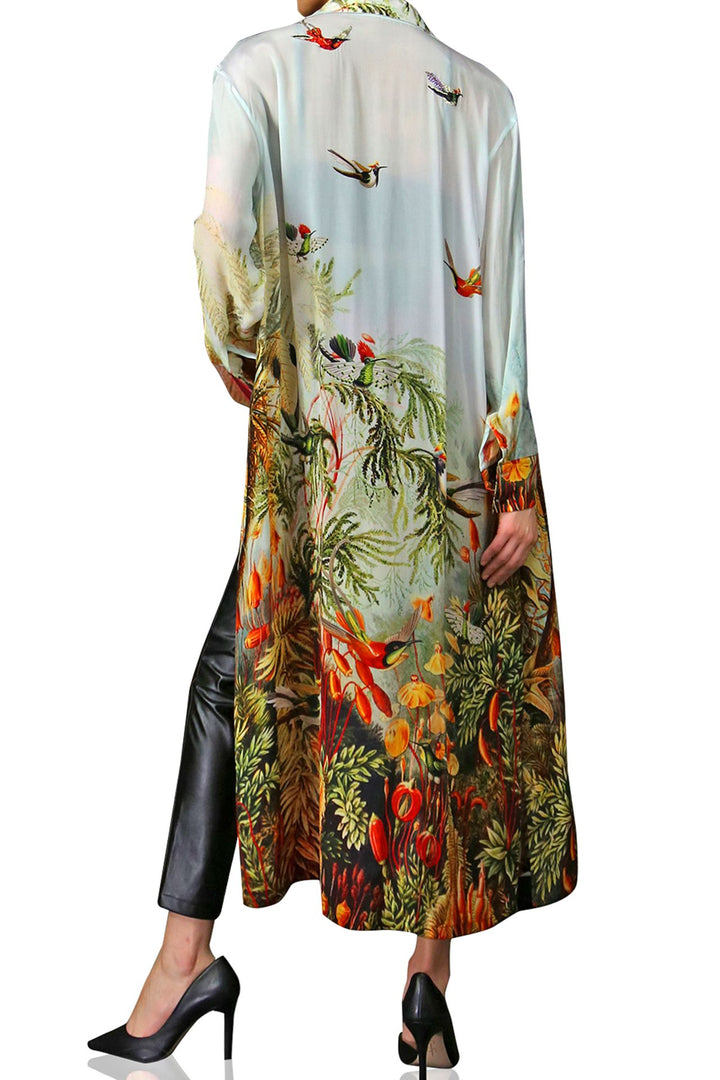 shahida-kyle-richards, botanical design dress, chic long outfit, belt accent dress, womens fashion fall