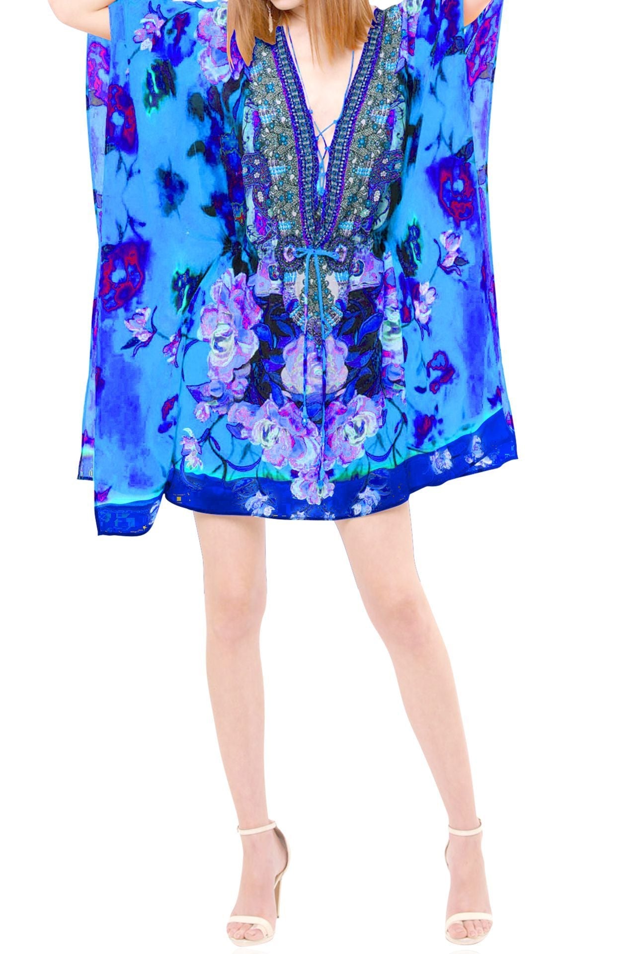 Floral Print Short Kaftan Blue Tunic Dress