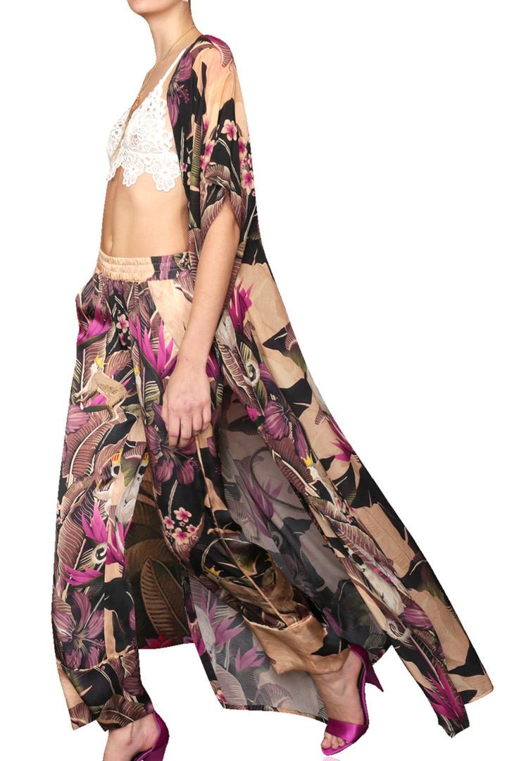 floral forest silk, wild animal pant, purple detail trousers, nature themed wear, chic straight silk