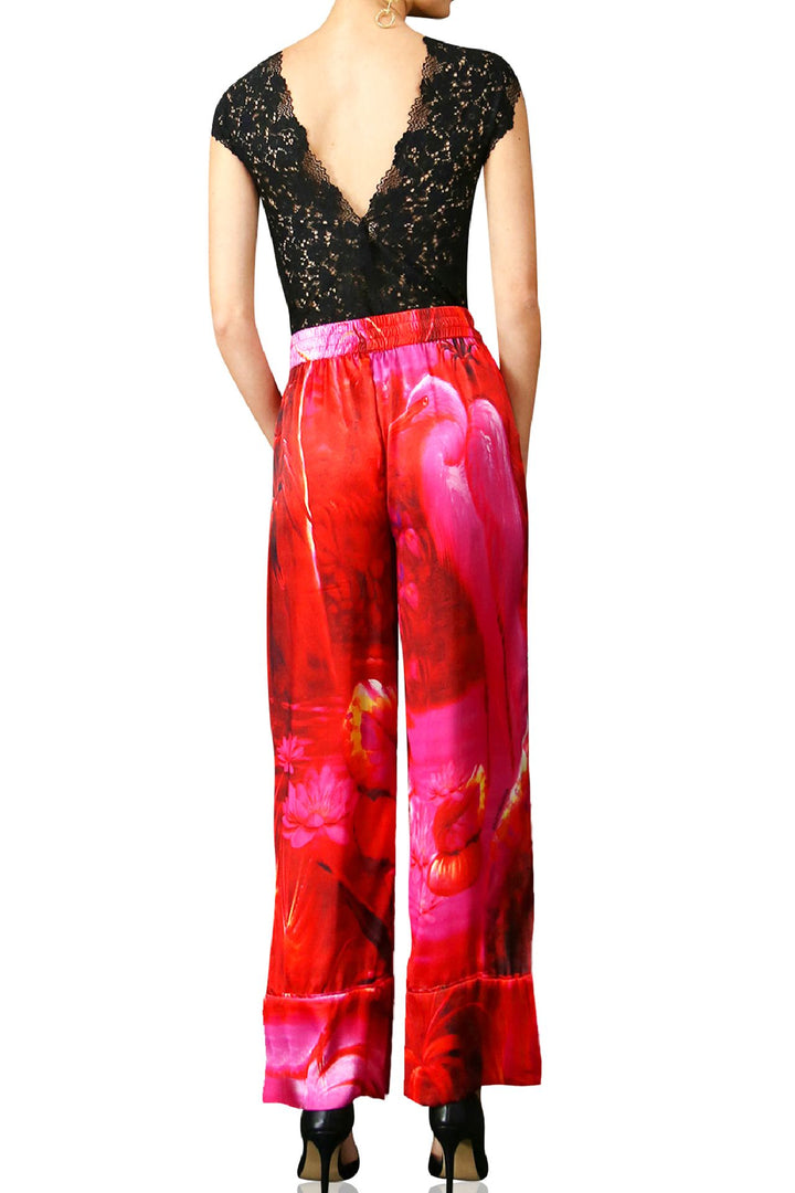 fuchsia silk trousers, chic urban wear, bold cami combo, statement color look, luxe print pant