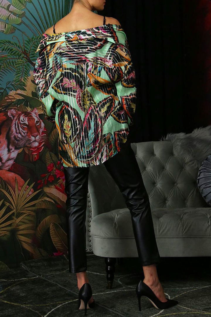 casual chic green, outdoor fashion wear, seasonal print shirt, leafy colorful design, shahida-kyle-richards