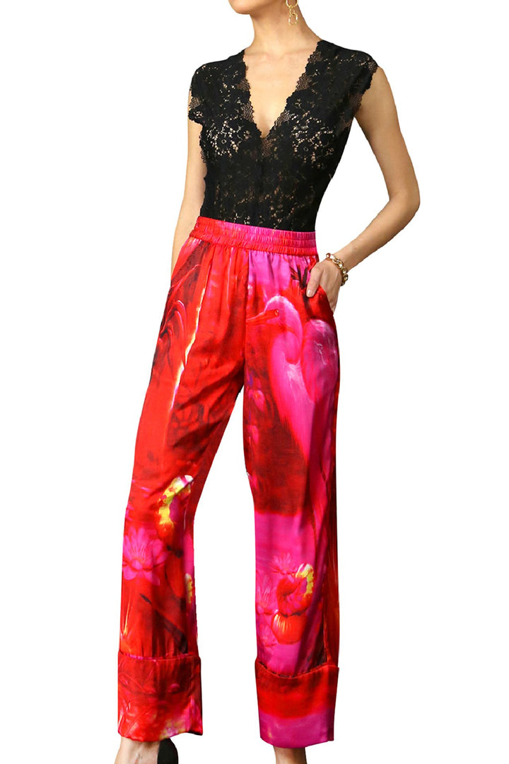women bold look, luxury pants style, fashion-forward concept, fuchsia statement wear, colorful chic outfit