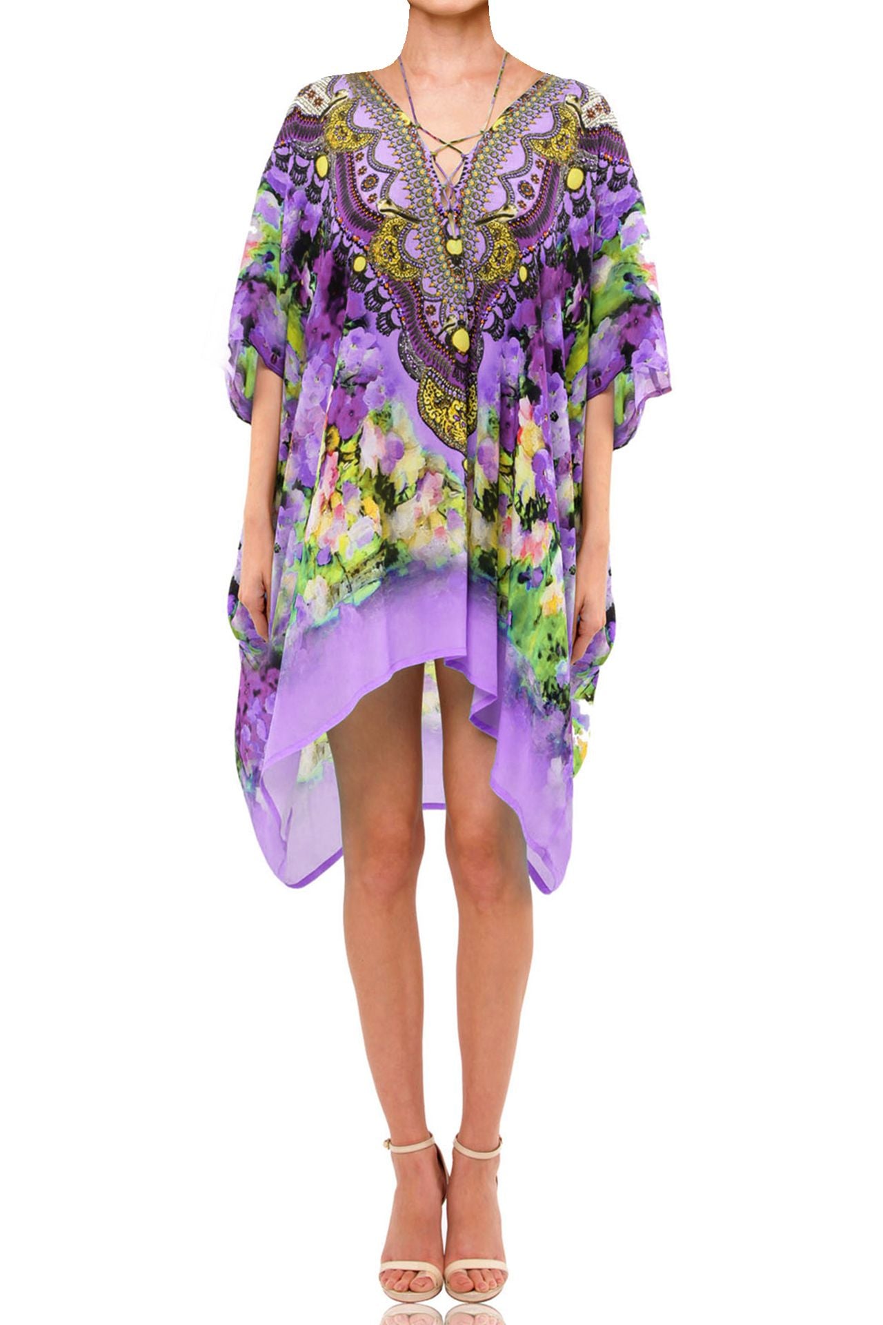 Purple Short Lace Up Kaftan in Floral Print
