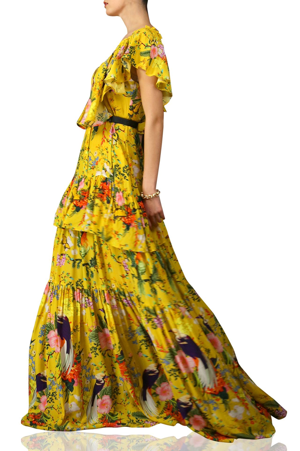 Printed Long Maxi Dress In Yellow