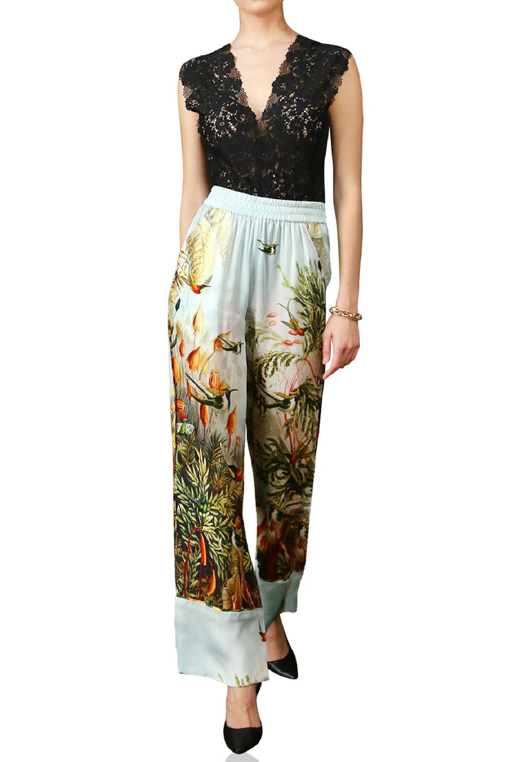 ropical themed pant, colorful nature trousers, resort fashion silk, shahida-kyle-richards