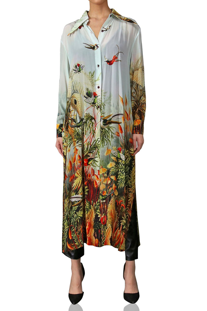 shahida-kyle-richards, luxury shirt dress, bold print fashion, landscape print dress, belted long outfit