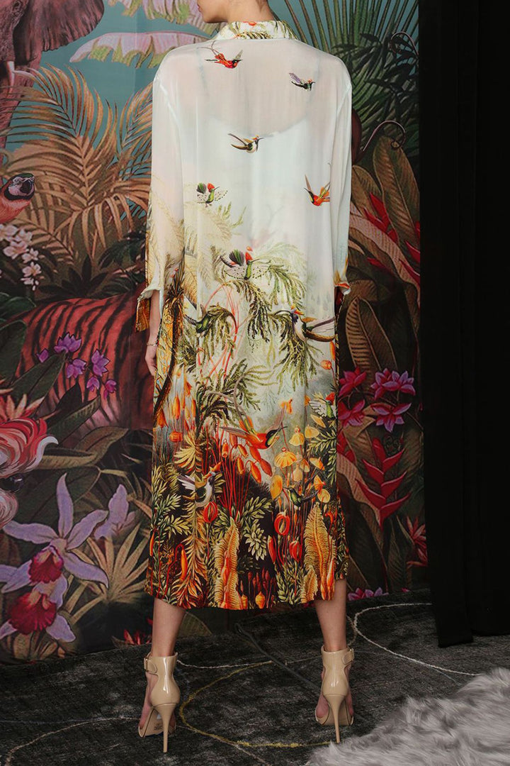 bird shirt dress 1970s White Cotton Bird Print Shirt Dress Novelty Print Dress, Large