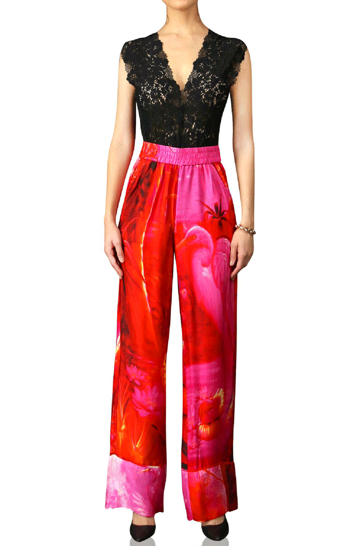 shahida-kyle-richards flair, fuchsia luxury pants, silk straight leg, chic urban silhouette, red satin fashion