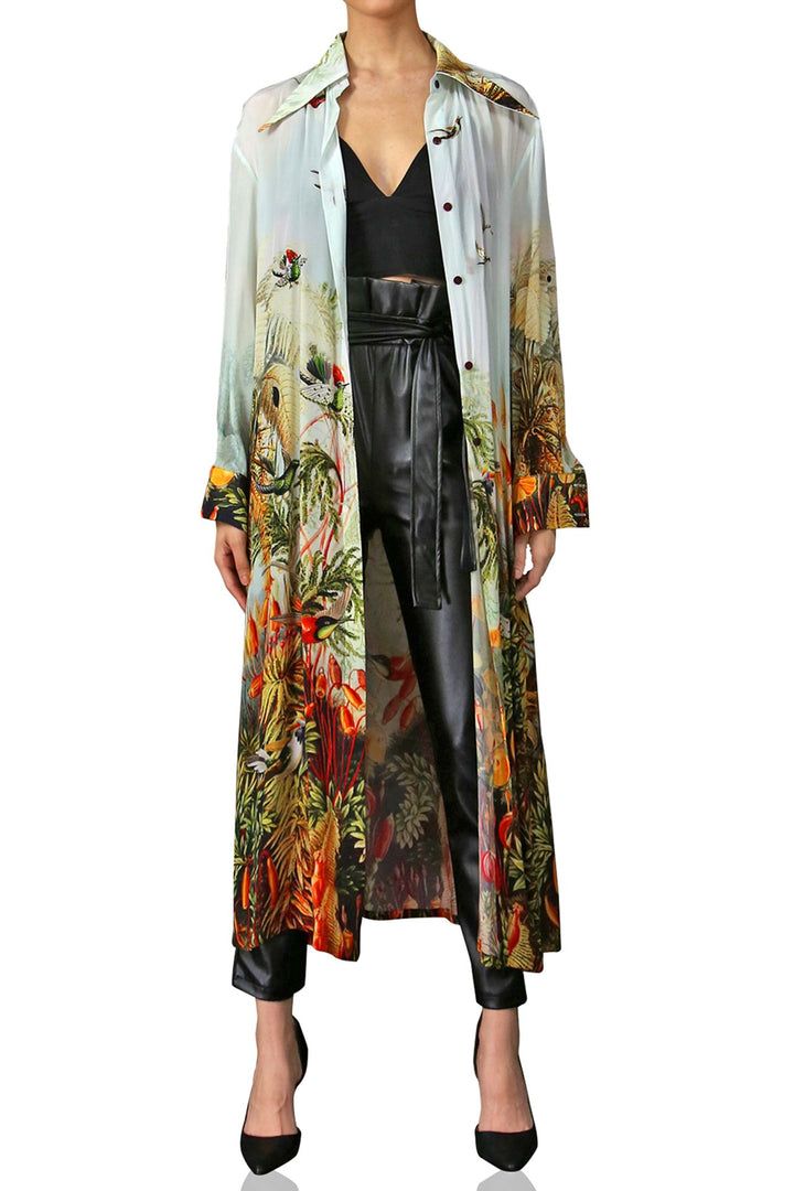 shahida-kyle-richards, wildlife print dress, long button outfit, elegant collar dress, colorful nature wear