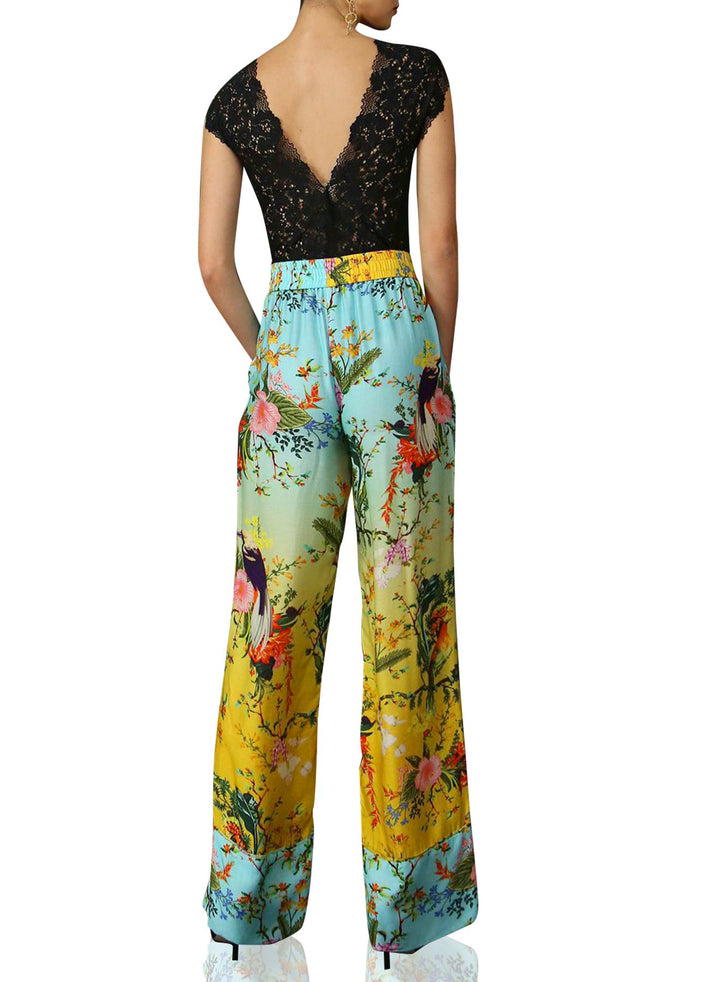 gradient-color-fit, floral-bird-pants, shahida-kyle-richards, vibrant-pattern-bottom, chic-straight-leg