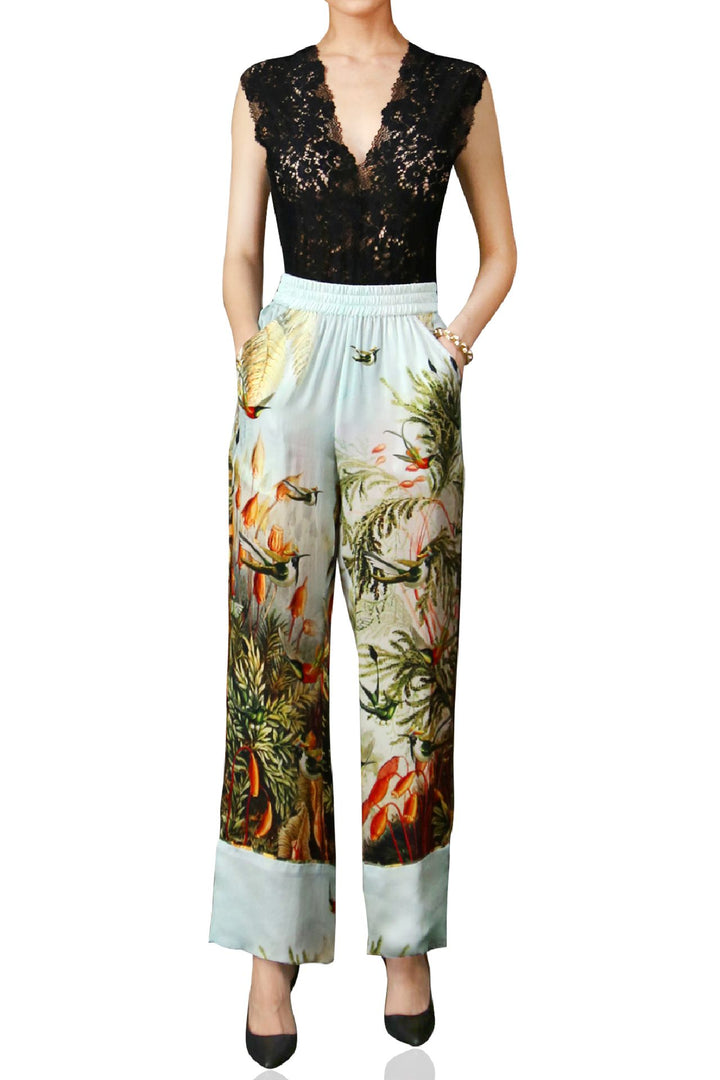 artistic summer trousers, natural print design, tropical print bottom, chic silk legwear, shahida-kyle-richards