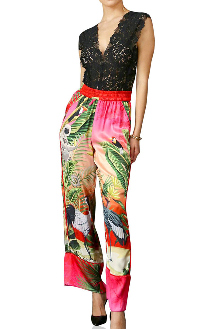 silk printed pants, Kyle Richards fashion, wide leg trousers, designer women pants, luxury resort wear