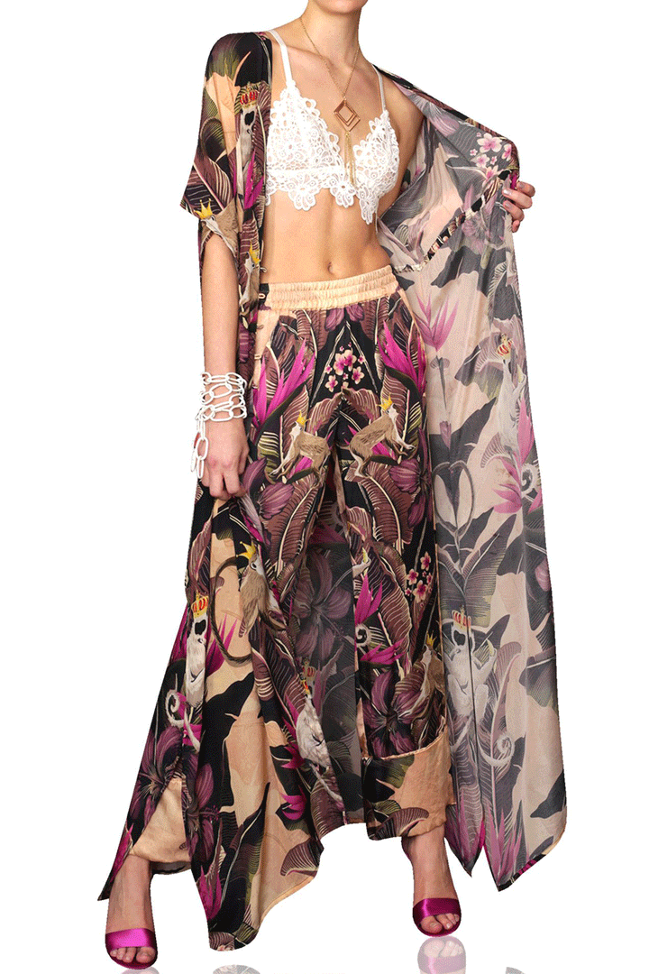 chic wide leg, stylish botanical design, patterned silk pant, luxury printed bottom, shahida-kyle-richards