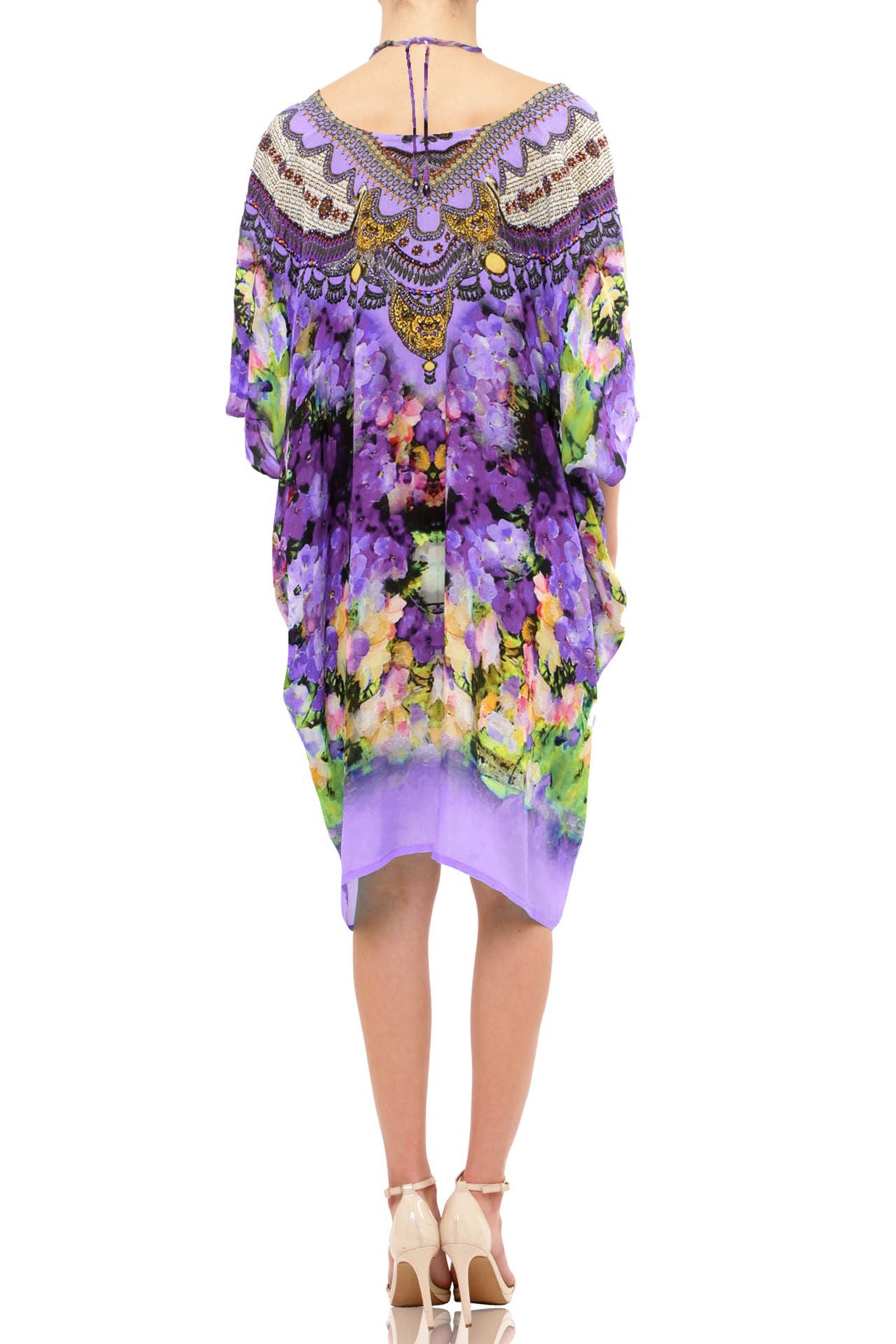 Purple Short Lace Up Kaftan in Floral Print