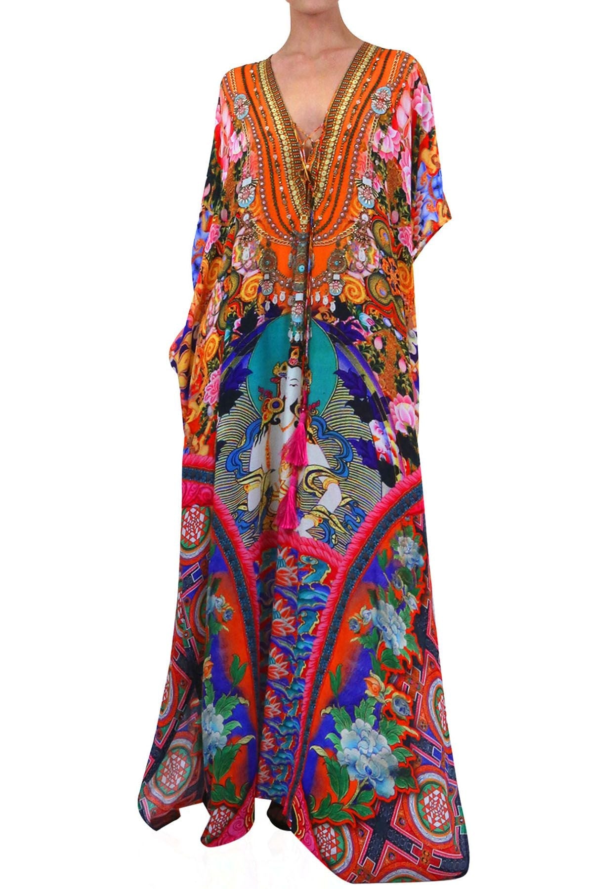 Silk Lace up Long Kaftan - Multicolor