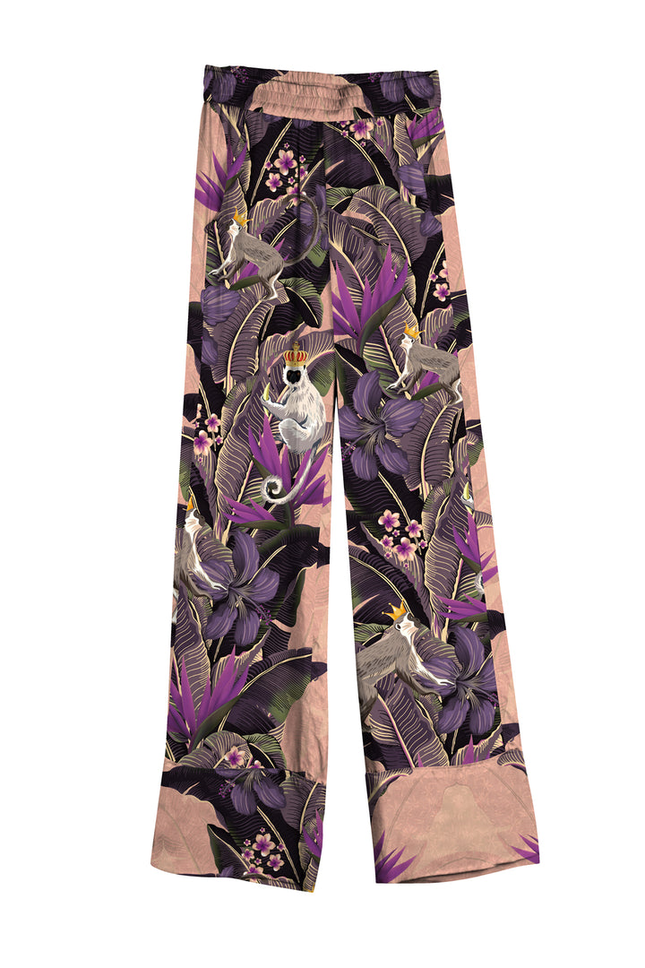 purple leaf trousers, wild creature print, forest silk pant, chic soft drape, tropical forest design, artistic patterned bottom