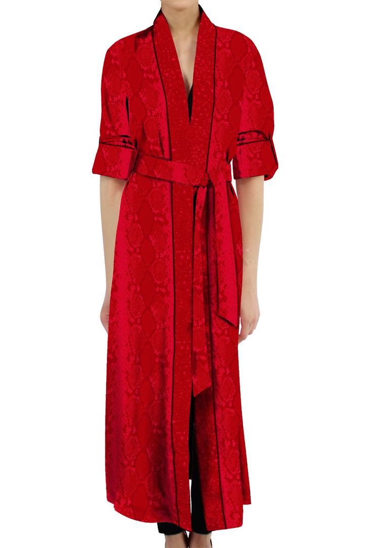 shahida kyle richards, blood stone robe, vegan silk dress, sustainable fashion, cupro robe, full length outfit