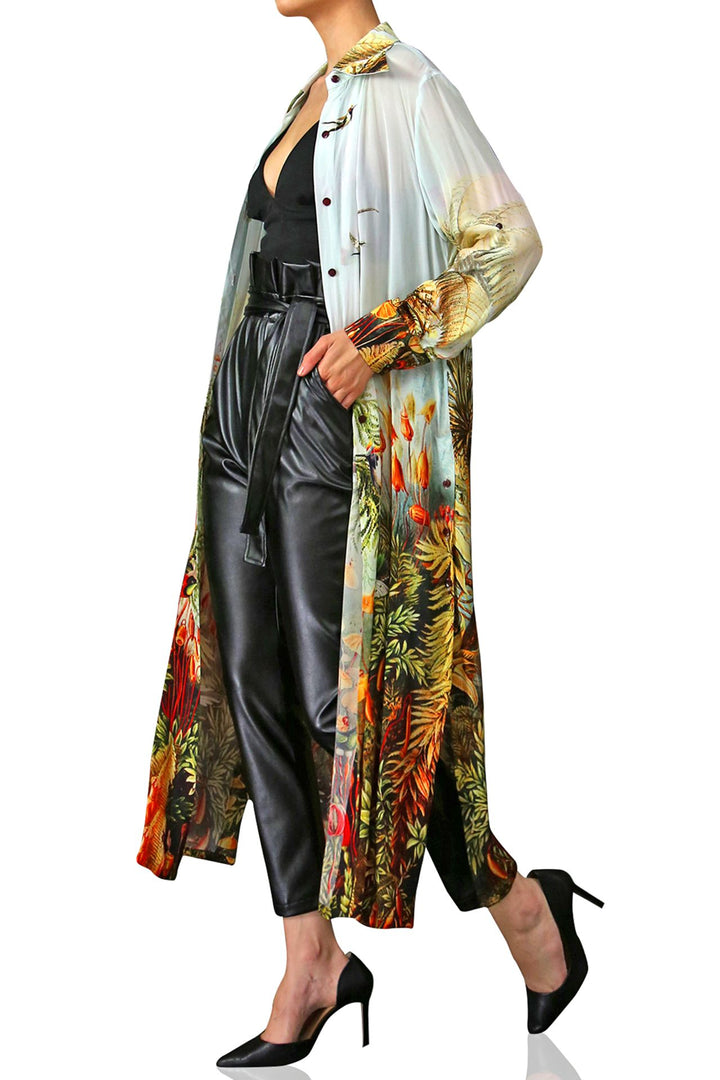 shahida-kyle-richards, forest detailed dress, collar shirt long, bold patterned outfit, rustic boots style