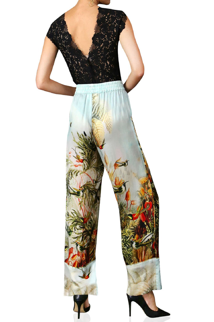 smooth straight pants, tropical silk wear, fashion silk print, botanical trousers women, shahida-kyle-richards