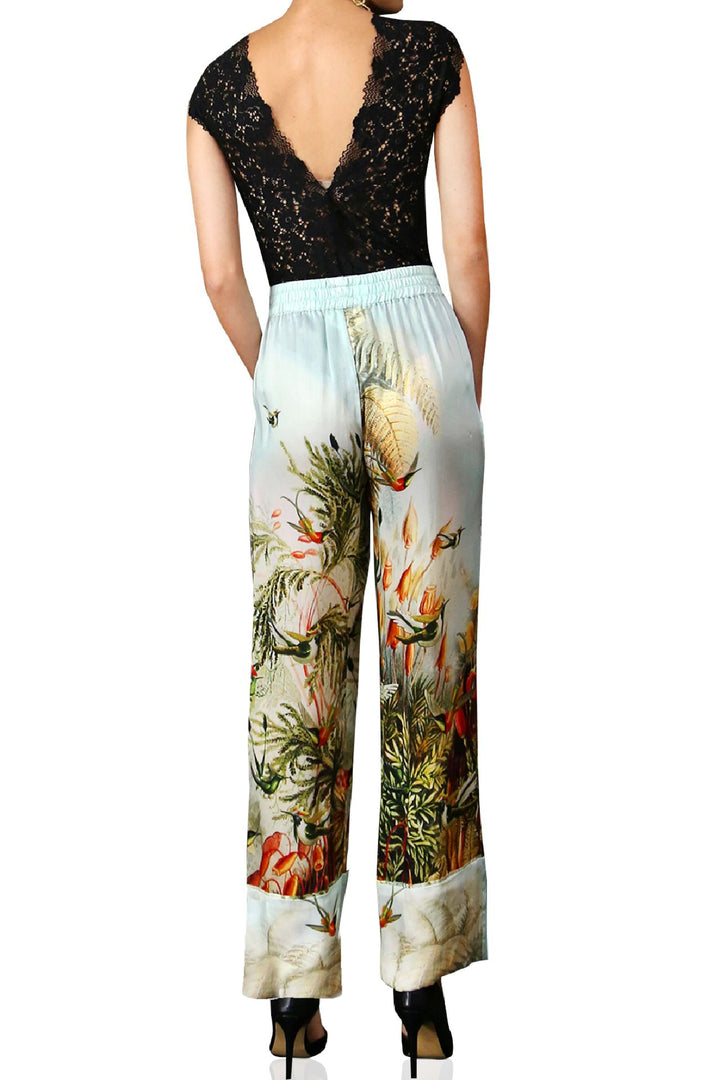 graceful drape trouser, chic nature clothing, resort silk pants, high fashion print, shahida-kyle-richards
