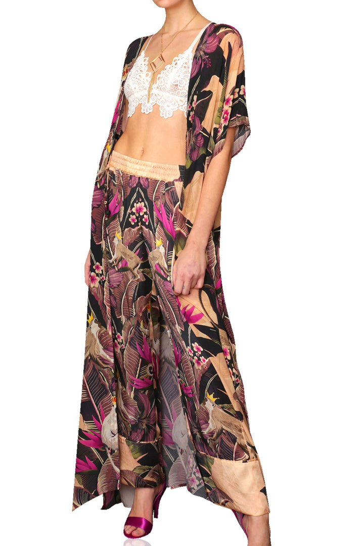 stylish nature pant, elegant silhouette trousers, wildlife print silk, artistic forest style, shahida-kyle-richards