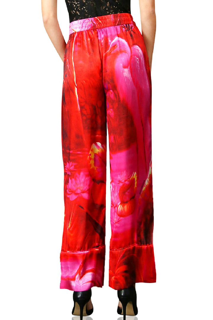 shahida-kyle-richards bold, fuchsia printed silk, women straight pants, chic red camisole