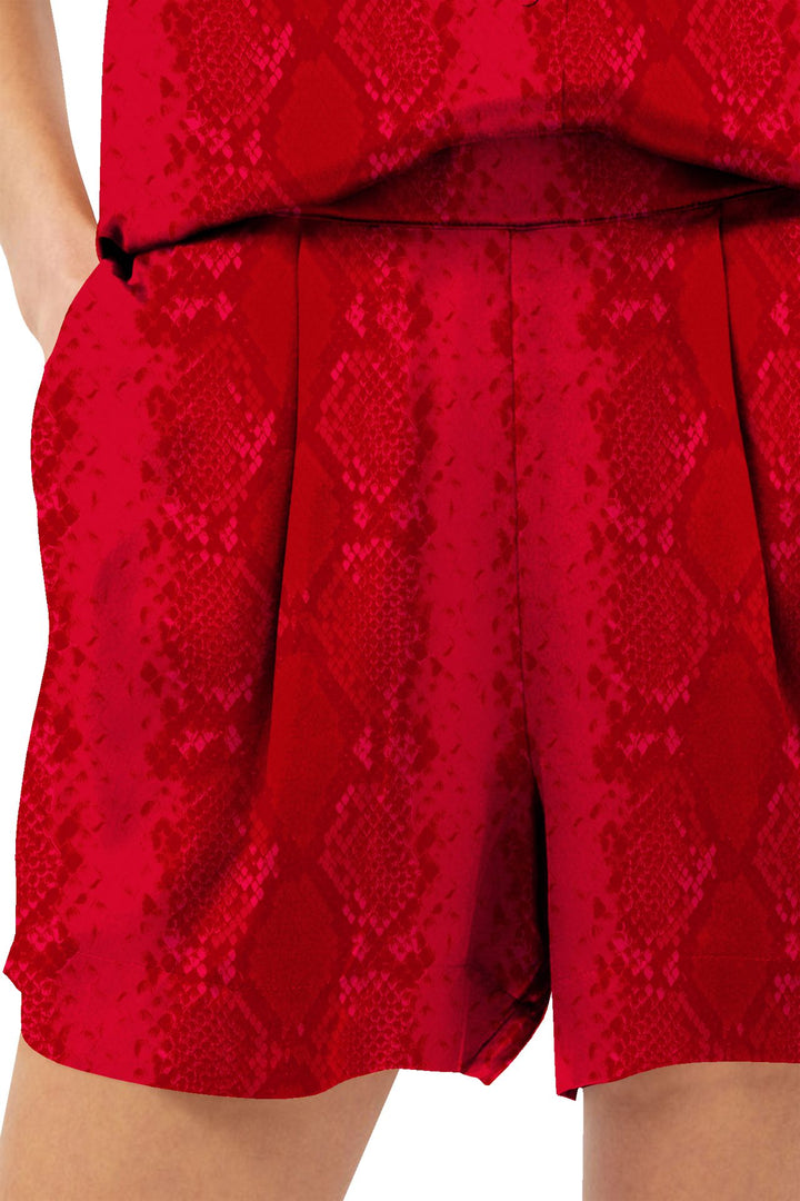 shahida-kyle-richards, eco cupro shorts, solid red design, vegan silk fabric, blood stone color, chic summer wear