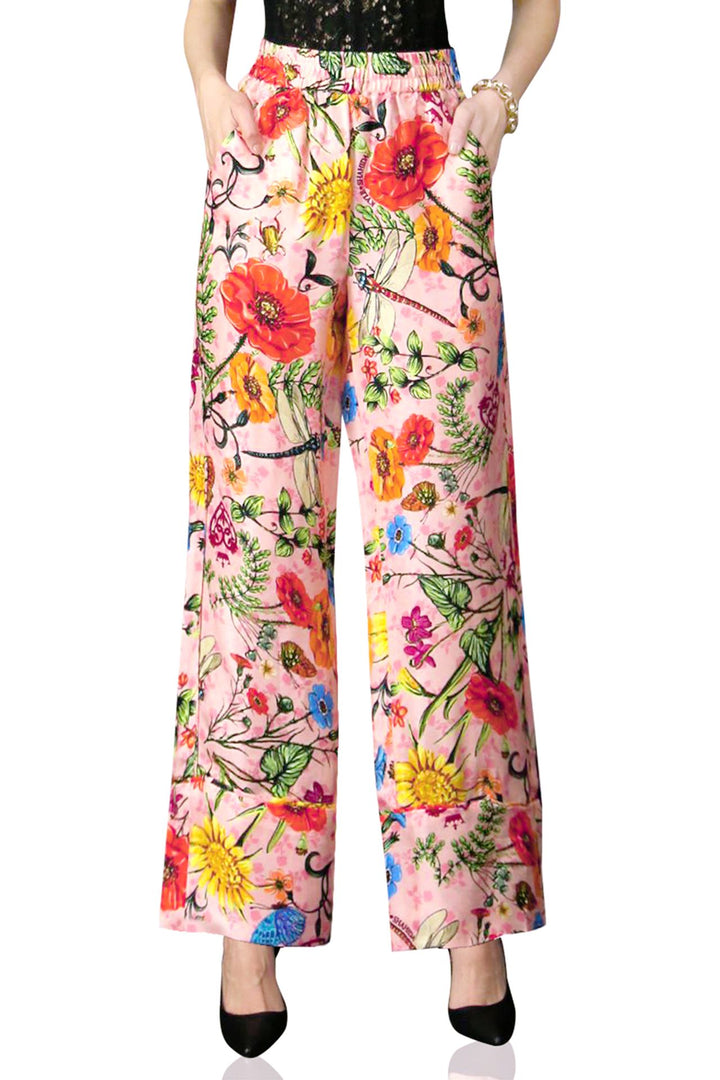 shahida-kyle-richards modern, flower print style, floral silk pants, straight leg fashion