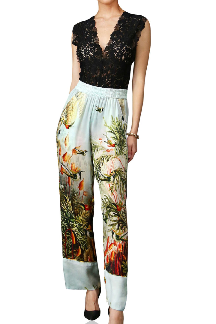 chic wildlife pant, artistic pattern trousers, stylish silk legwear, luxury resort pant, shahida-kyle-richards