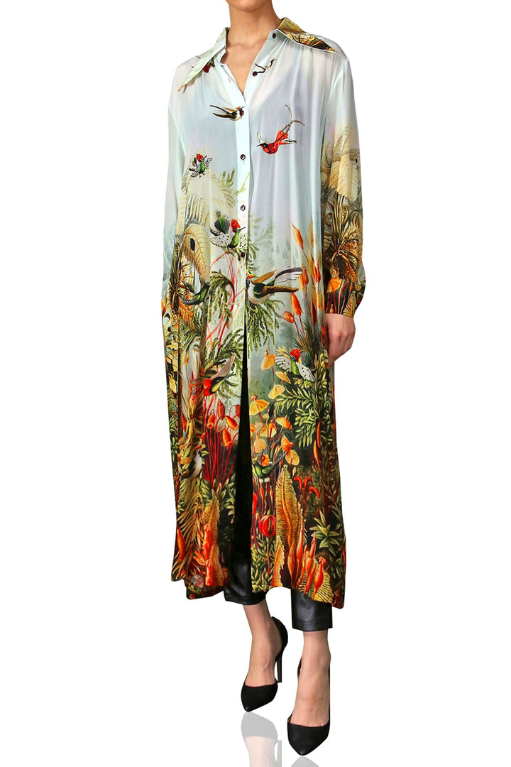 shahida-kyle-richards, botanical print dress, collar down dress, long stylish outfit, chic belted look