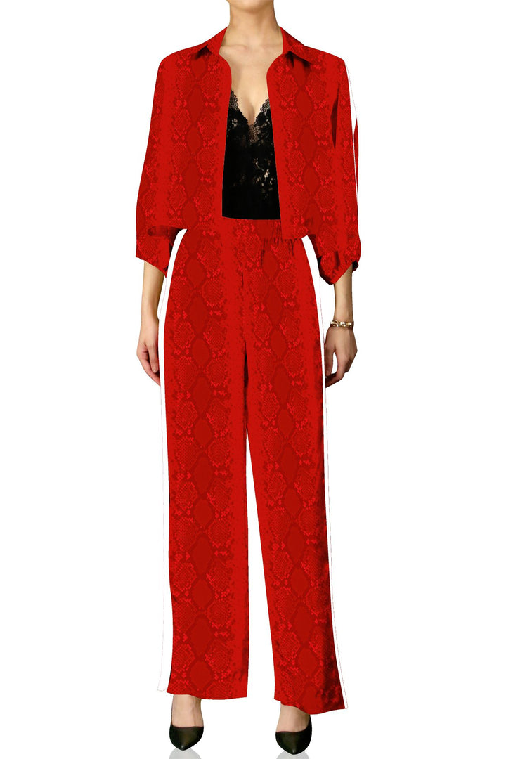 wide leg tracksuit, womens silk tracksuit, designer tracksuit, blood stone, cupro, vegan silk, luxury, womens fashion, stylish, solid, eco friendly, silk, comfortable, fashion, outfit