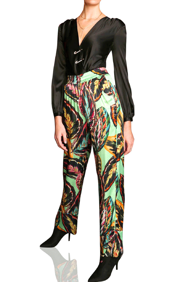 leafy wide pants, nature print wear, stylish matching set, green tone fashion, outdoor model look